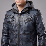 Men's camouflage blue hooded faux leather jacket, collar and chest detail