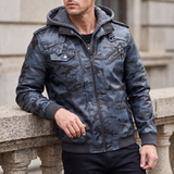 Men's camouflage blue hooded faux leather jacket, three-quarter lifestyle view