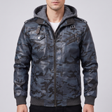 Men's camouflage blue hooded faux leather jacket, studio front view