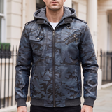 Men's camouflage blue hooded faux leather jacket, front lifestyle view