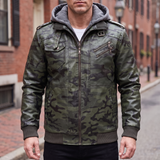 Men's camouflage green hooded faux leather jacket, street lifestyle view
