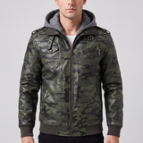 Men's camouflage green hooded faux leather jacket, studio front view