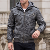 Men's camouflage gray hooded faux leather jacket, three-quarter lifestyle view