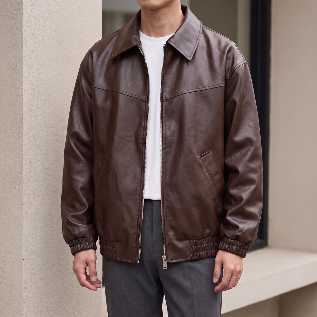 Men's brown relaxed faux leather bomber jacket, street lifestyle view