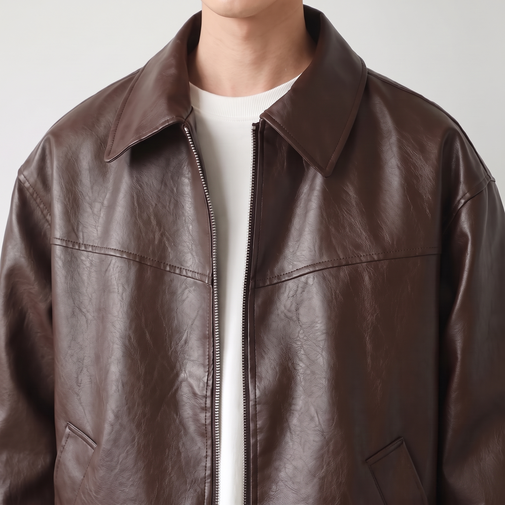 Men's brown relaxed faux leather bomber jacket, collar detail