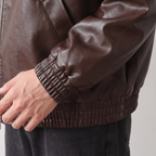 Men's brown relaxed faux leather bomber jacket, gathered cuff detail