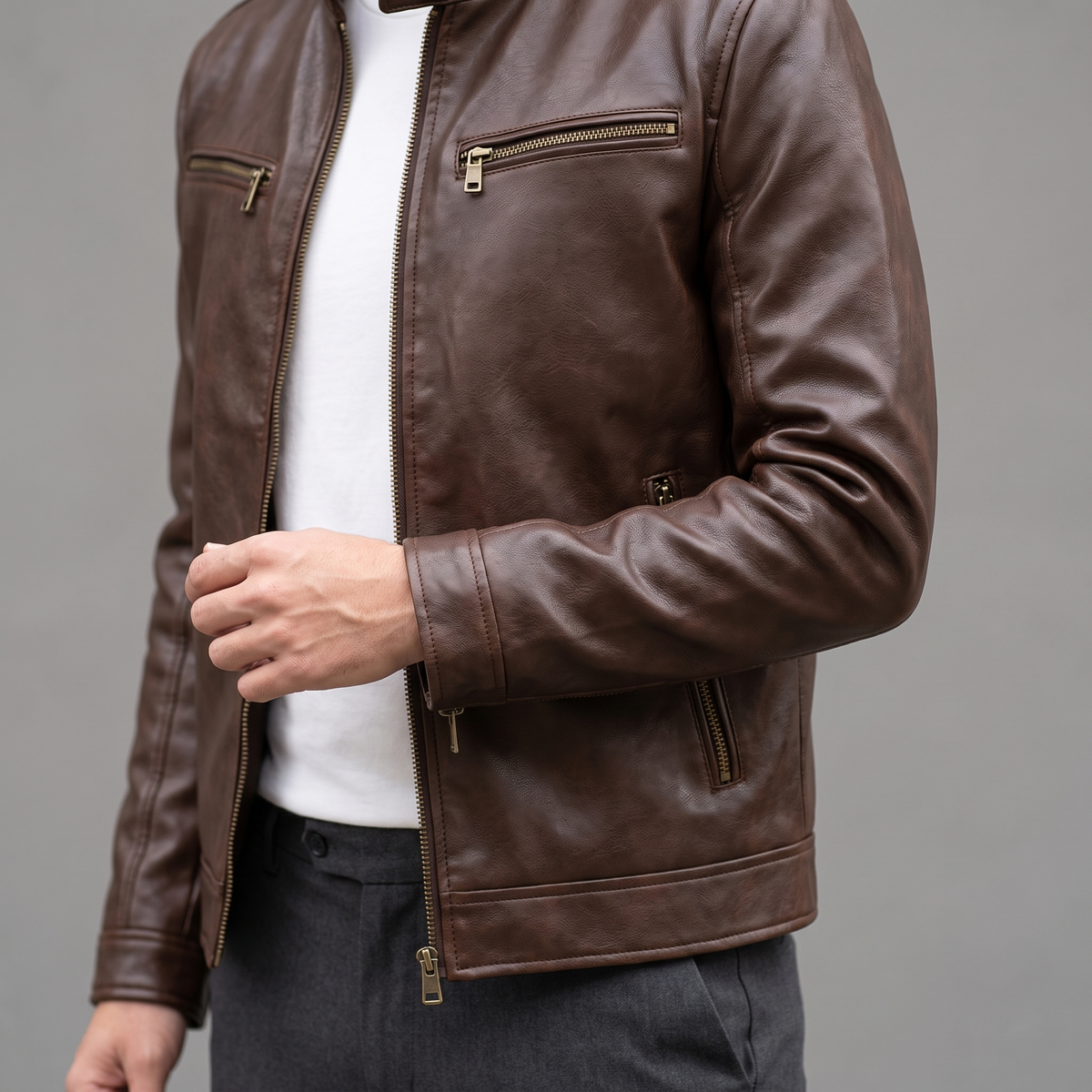 Men's brown faux leather cafe racer jacket, plain cuff detail