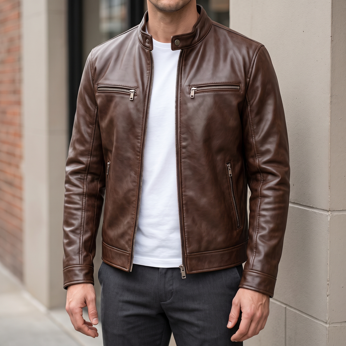 Men's brown faux leather cafe racer jacket, street lifestyle view