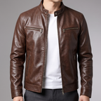 Men's brown faux leather cafe racer jacket, stand collar detail
