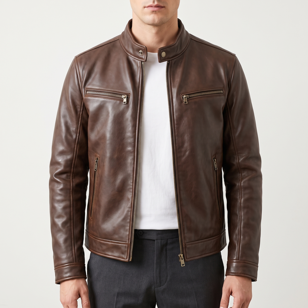 Men's brown faux leather cafe racer jacket, studio front view