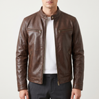 Men's brown faux leather cafe racer jacket, studio front view