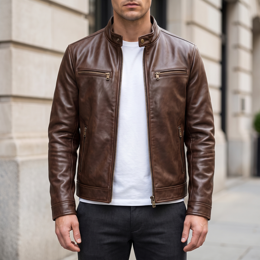 Men's brown faux leather cafe racer jacket, front lifestyle view