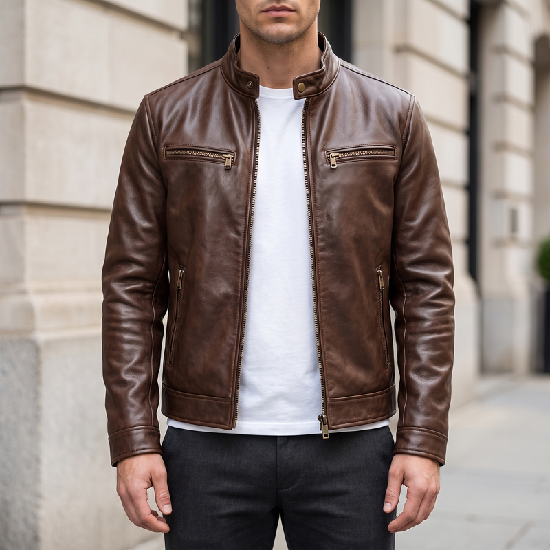 Men's brown faux leather cafe racer jacket, front lifestyle view
