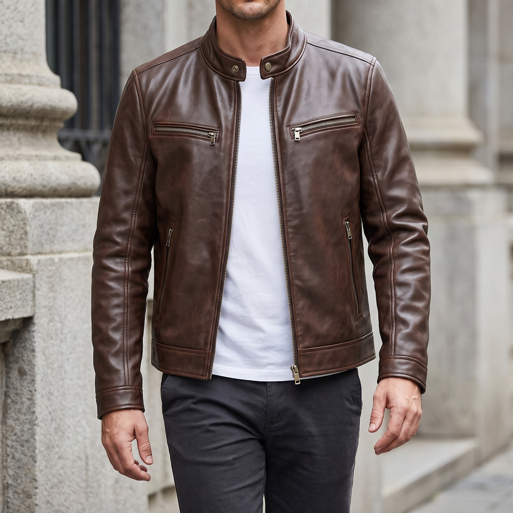 Men's brown faux leather cafe racer jacket, three-quarter lifestyle view