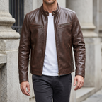 Men's brown faux leather cafe racer jacket, three-quarter lifestyle view