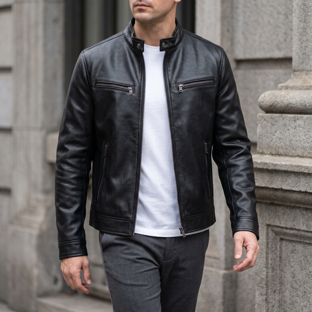 Men's black faux leather cafe racer jacket, three-quarter lifestyle view