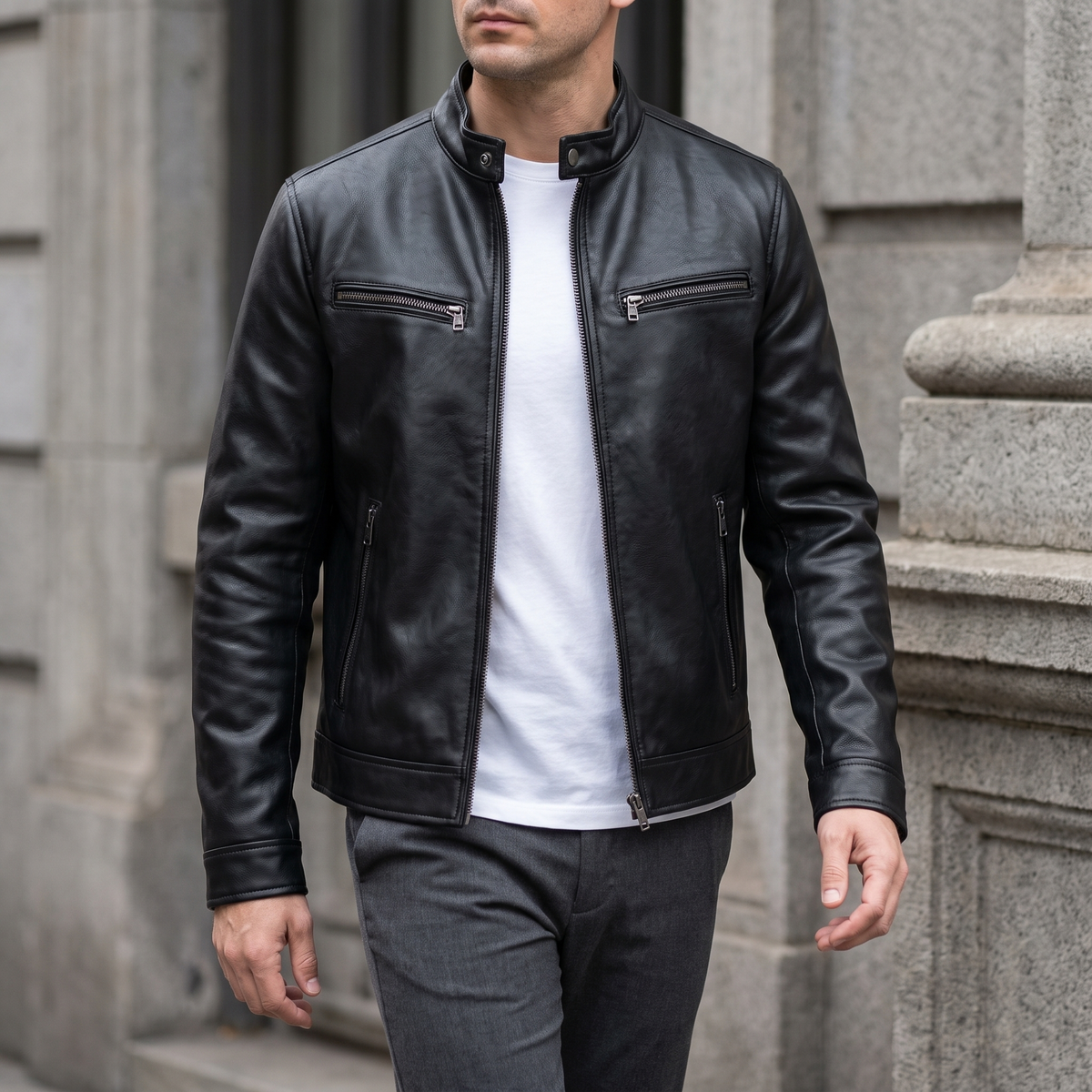 Men's black faux leather cafe racer jacket, three-quarter lifestyle view