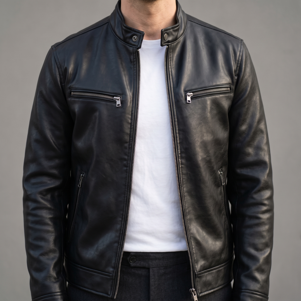 Men's black faux leather cafe racer jacket, stand collar detail