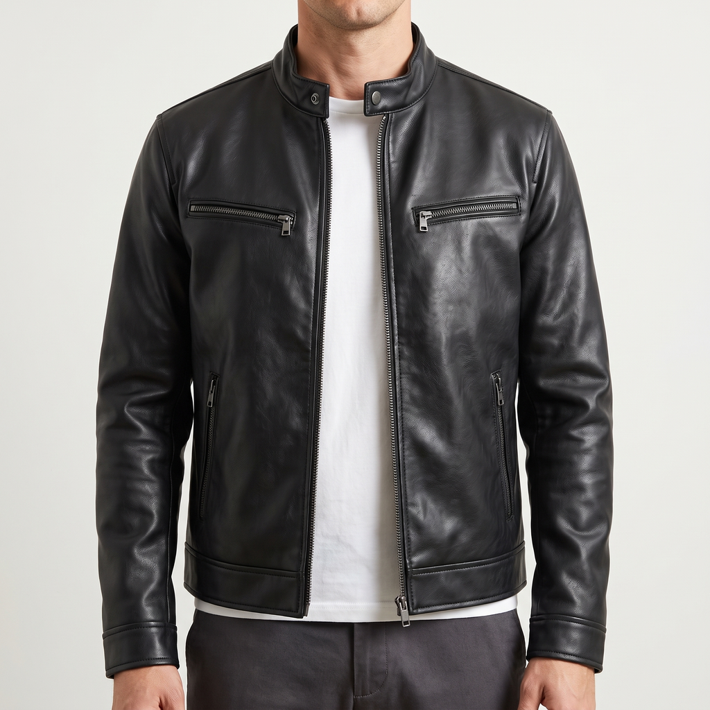Men's black faux leather cafe racer jacket, studio front view