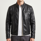 Men's black faux leather cafe racer jacket, studio front view