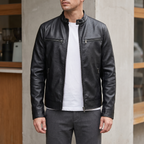 Men's black faux leather cafe racer jacket, street lifestyle view
