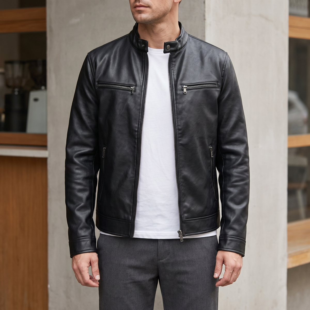 Men's black faux leather cafe racer jacket, street lifestyle view