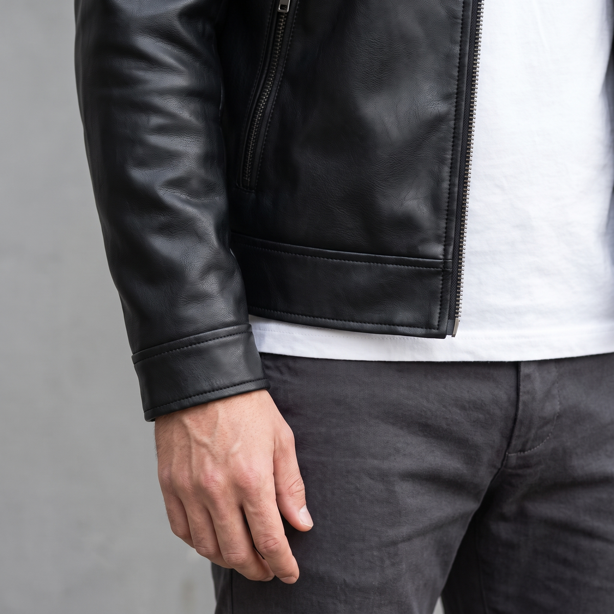 Men's black faux leather cafe racer jacket, plain cuff detail