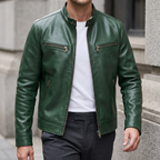 Men's green faux leather cafe racer jacket, three-quarter lifestyle view