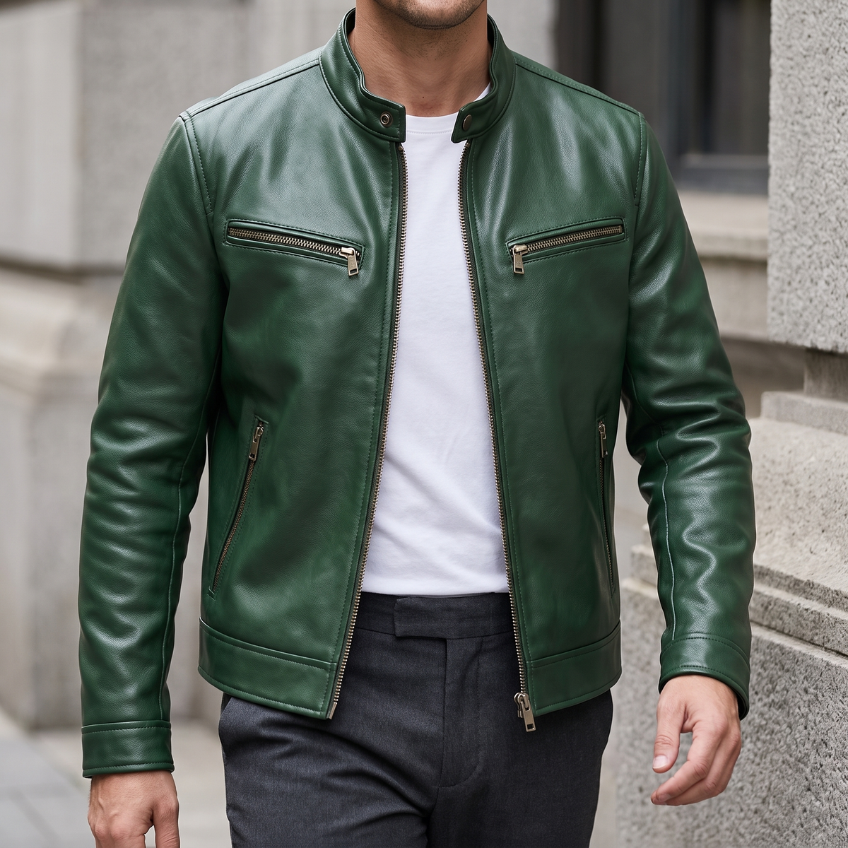 Men's green faux leather cafe racer jacket, three-quarter lifestyle view