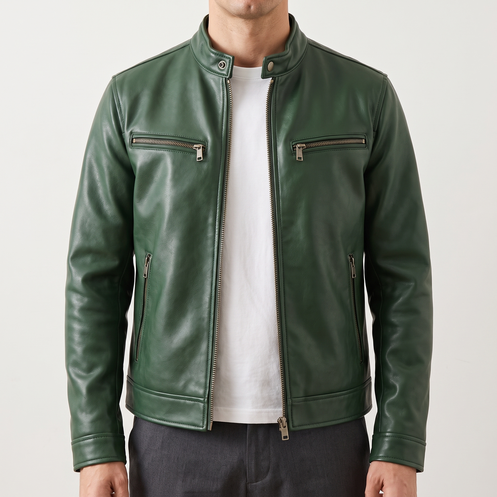 Men's green faux leather cafe racer jacket, studio front view