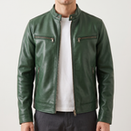 Men's green faux leather cafe racer jacket, studio front view