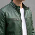 Men's green faux leather cafe racer jacket, stand collar detail