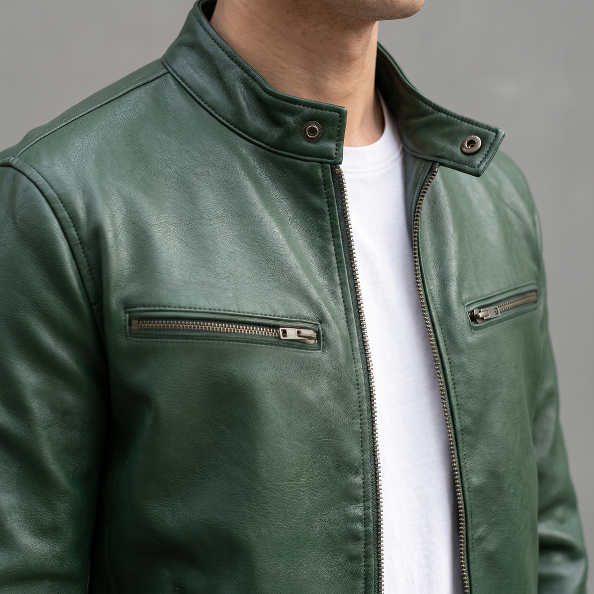 Men's green faux leather cafe racer jacket, stand collar detail