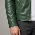 Men's green faux leather cafe racer jacket, plain cuff detail