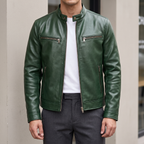 Men's green faux leather cafe racer jacket, street lifestyle view