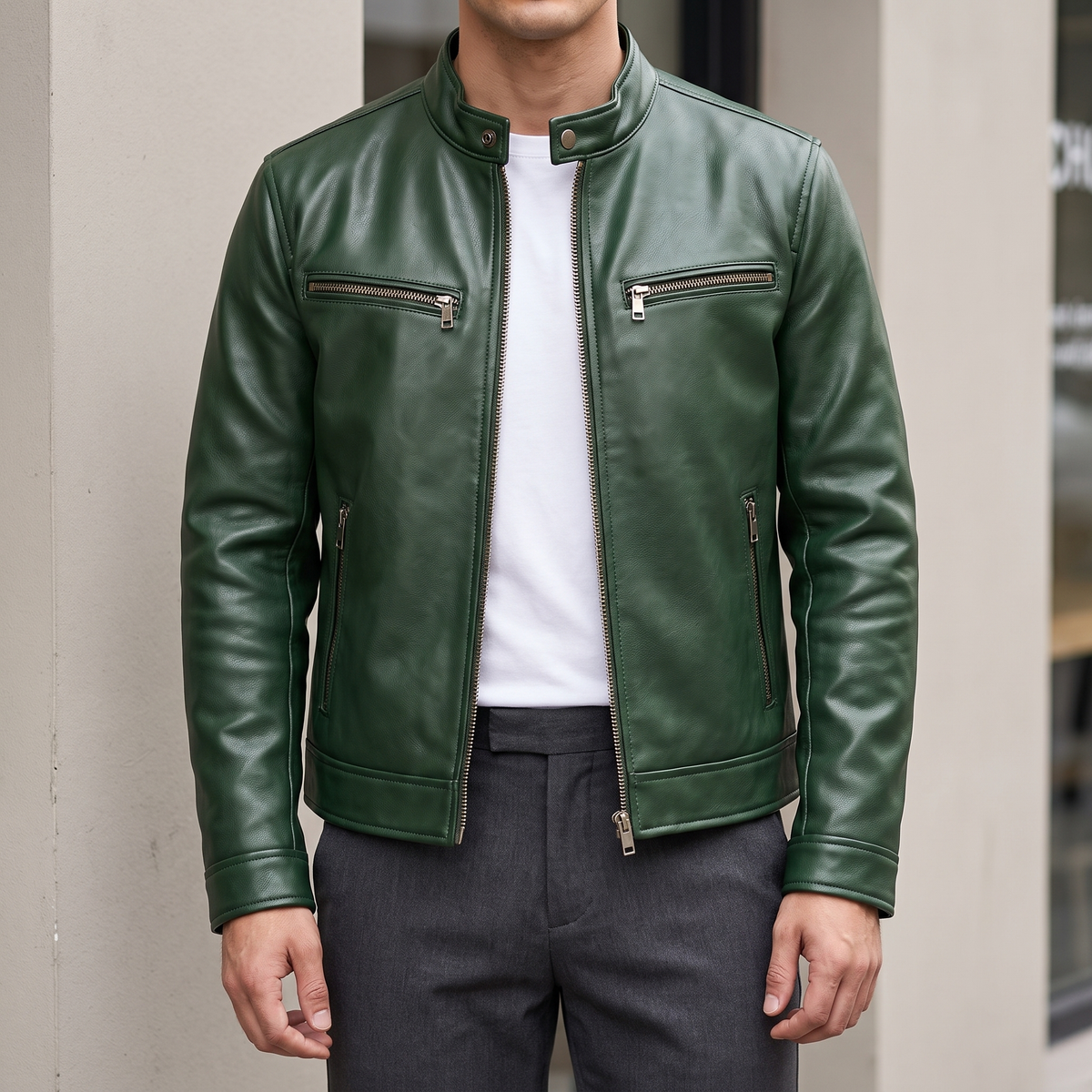 Men's green faux leather cafe racer jacket, street lifestyle view
