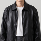 Men's black oversized faux leather jacket, shirt collar detail