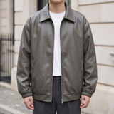Men's grey oversized faux leather jacket, front lifestyle view
