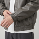 Men's grey oversized faux leather jacket, gathered cuff detail
