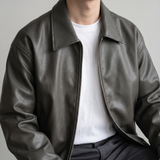 Men's grey oversized faux leather jacket, shirt collar detail