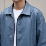 Men's blue oversized faux leather jacket, shirt collar detail
