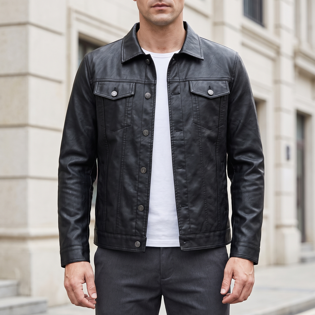 Men's black slim faux leather shirt jacket, front lifestyle view