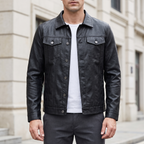 Men's black slim faux leather shirt jacket, front lifestyle view