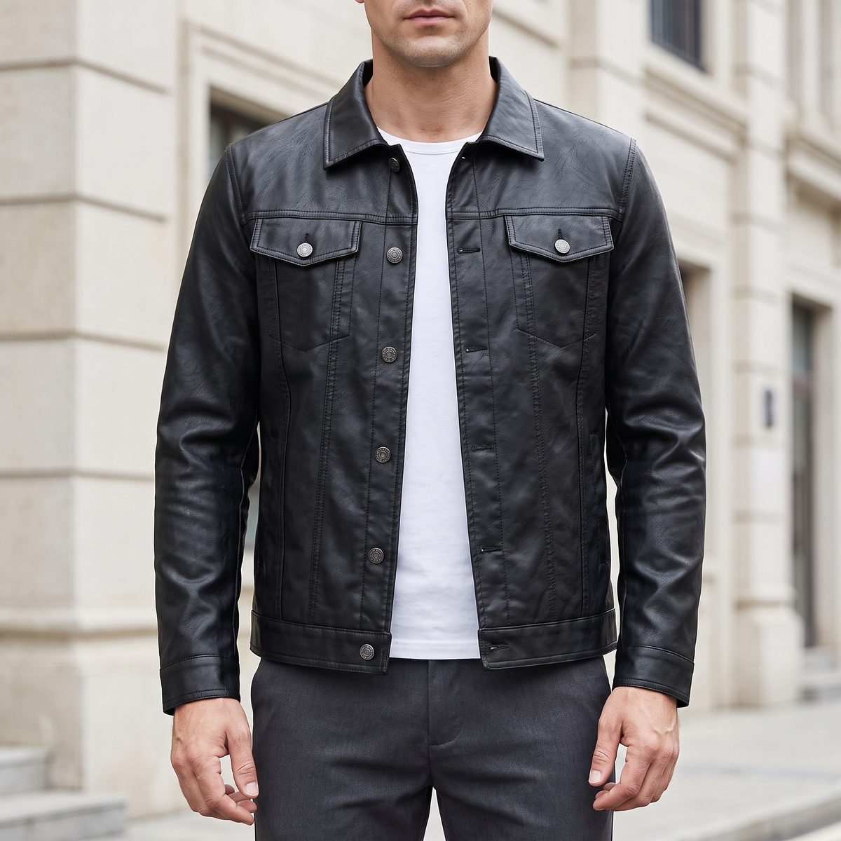 Men's black slim faux leather shirt jacket, front lifestyle view