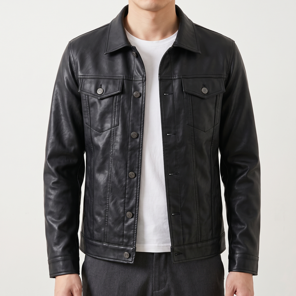 Men's black slim faux leather shirt jacket, studio front view