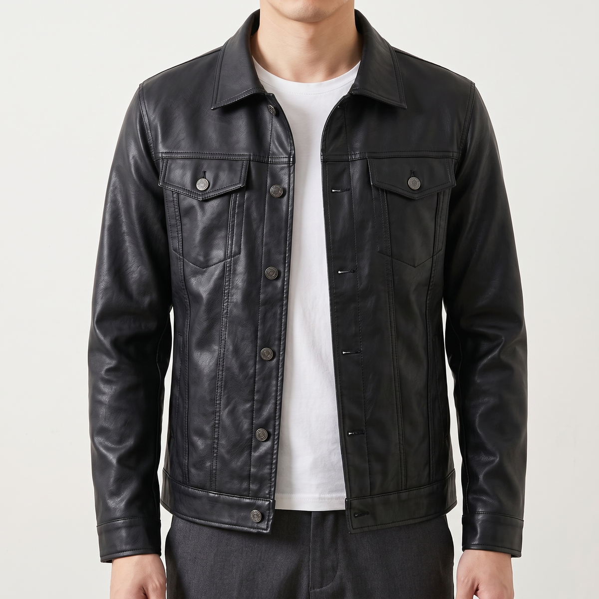 Men's black slim faux leather shirt jacket, studio front view