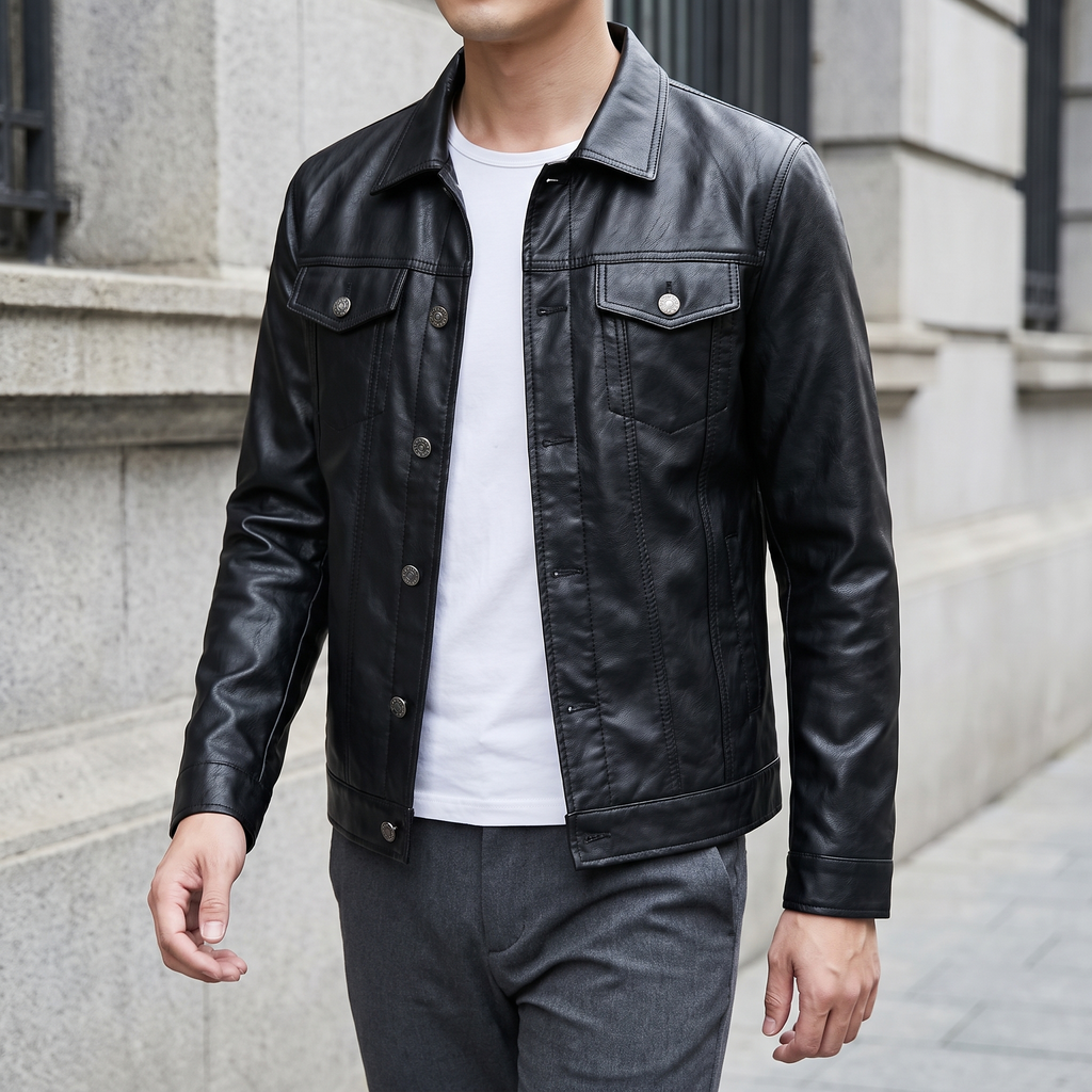 Men's black slim faux leather shirt jacket, three-quarter lifestyle view