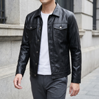 Men's black slim faux leather shirt jacket, three-quarter lifestyle view