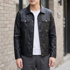 Men's black slim faux leather shirt jacket, street lifestyle view
