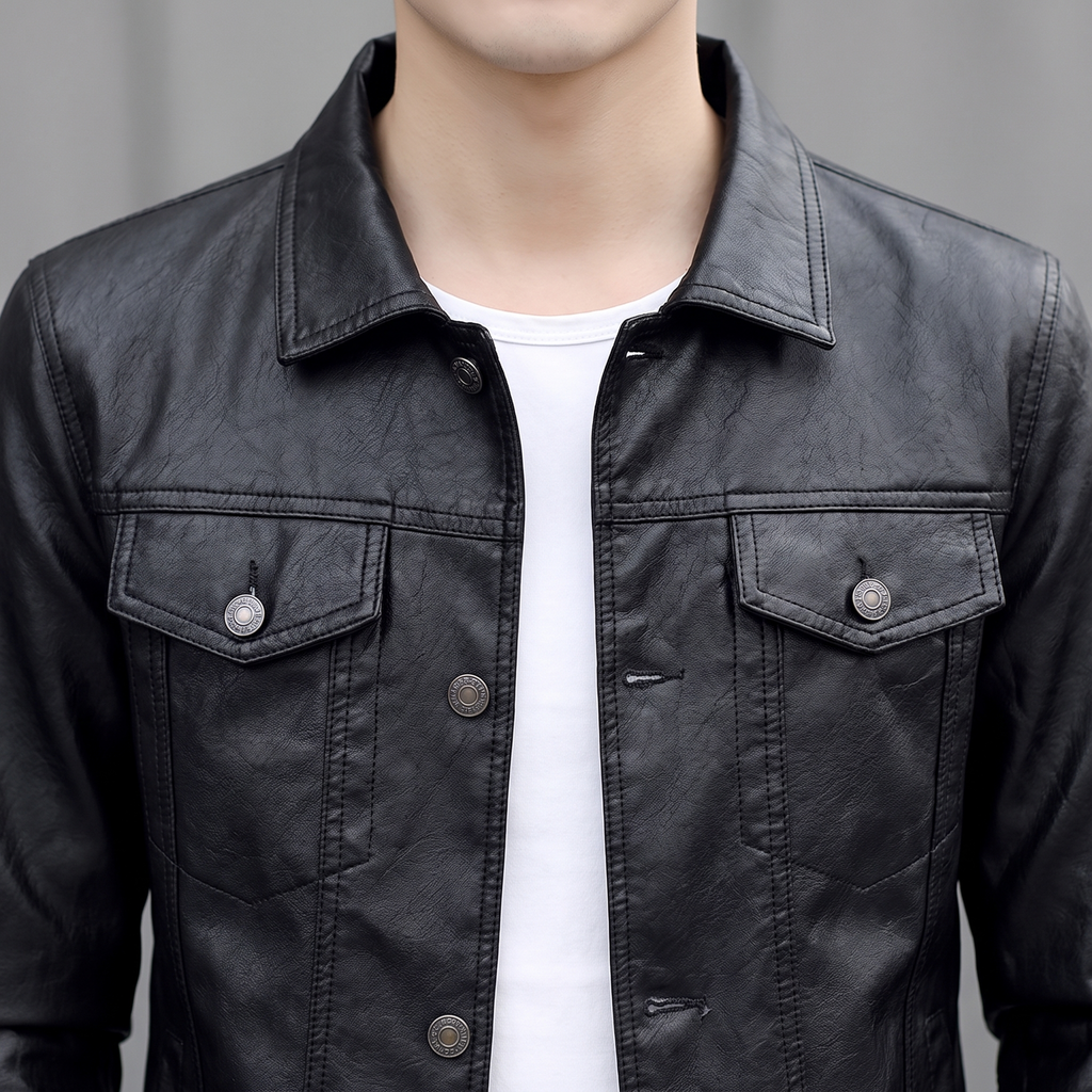 Men's black slim faux leather shirt jacket, shirt collar detail